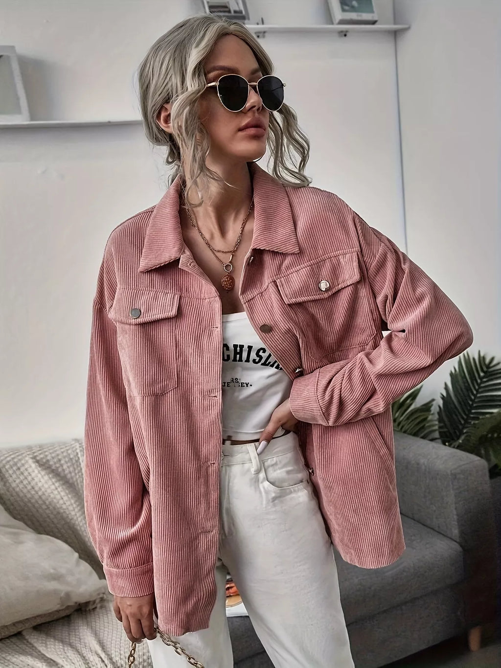 Casual Corduroy Button-Up Shacket