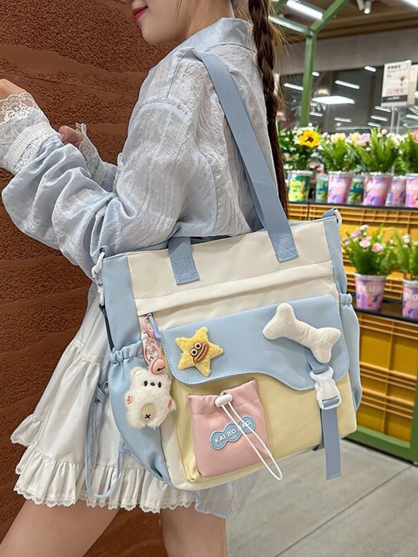 Color Block Multi Pockets Tote Bag
