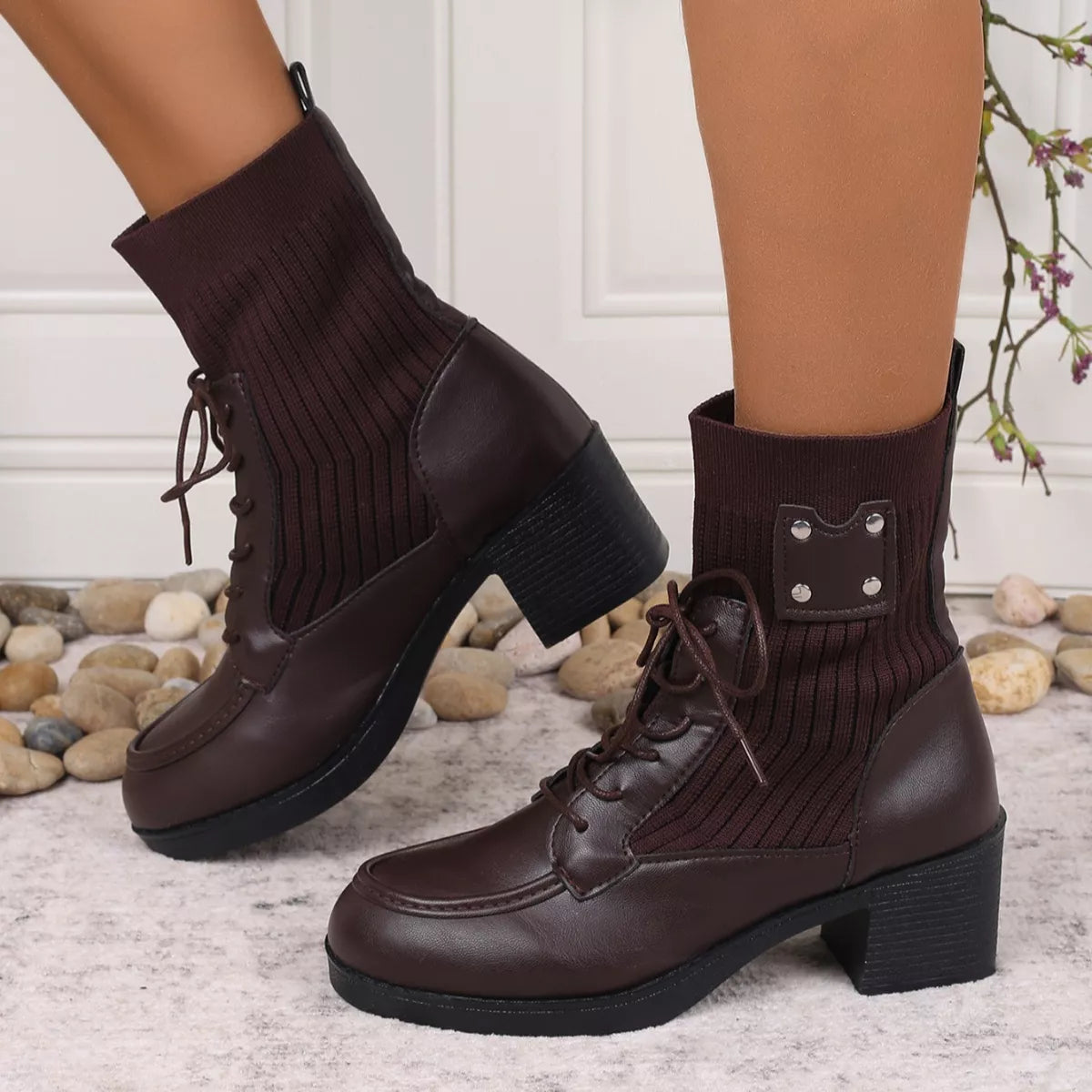 Lace Up Block Heels Boots