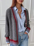 Striped Trim Button-Up Knit Cardigan