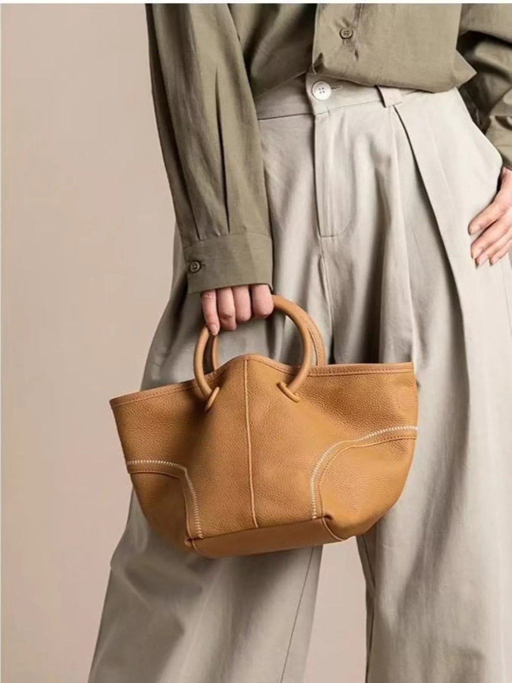 Leather Round Handle Tote Bag