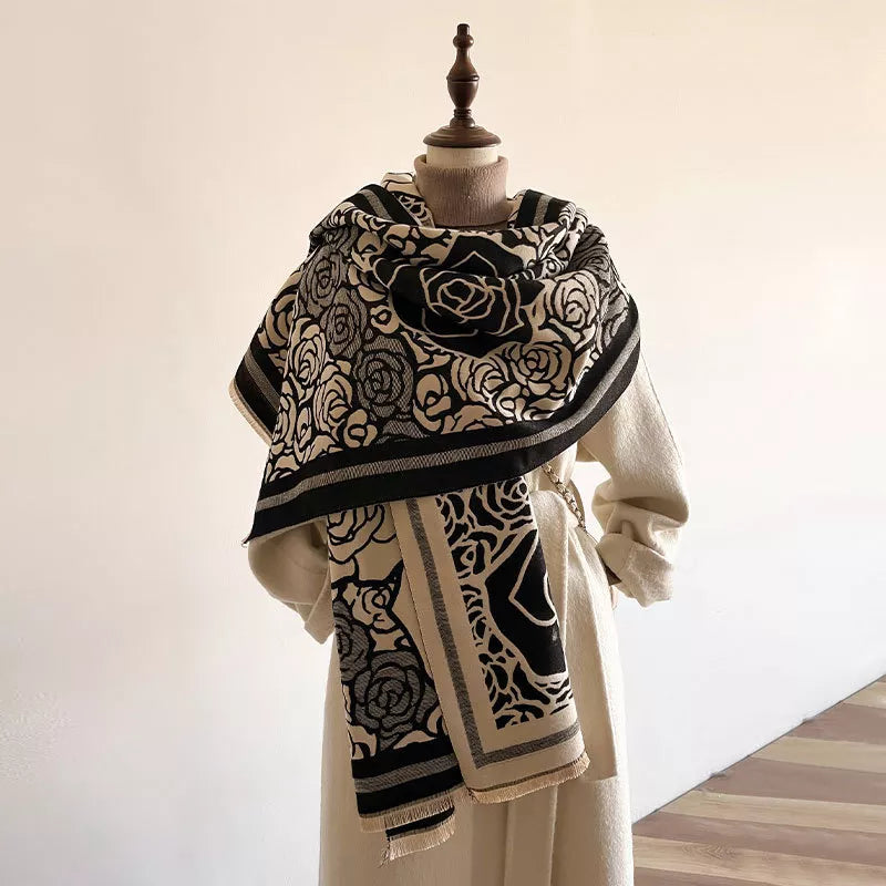 Rose Pattern Raw Hem Scarf