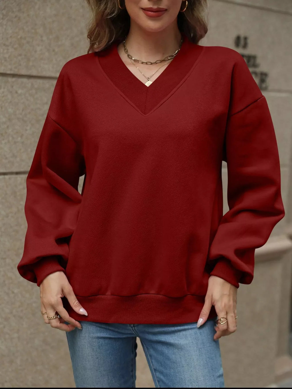 V-Neck Solid Color Casual Sweatshirt