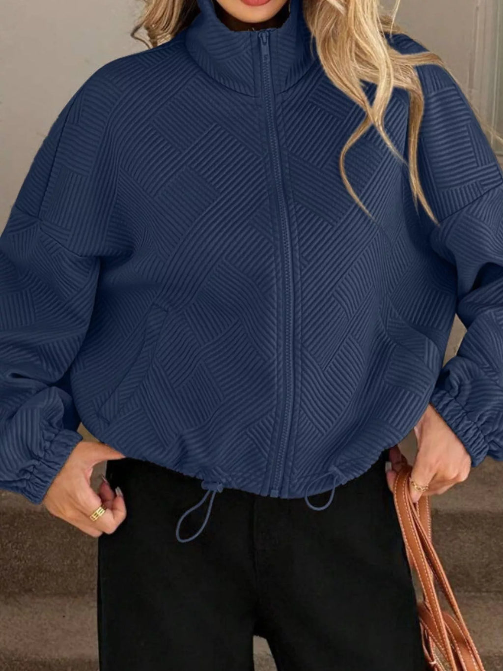 Textured Zip-Up Drawstring Hem Jacket