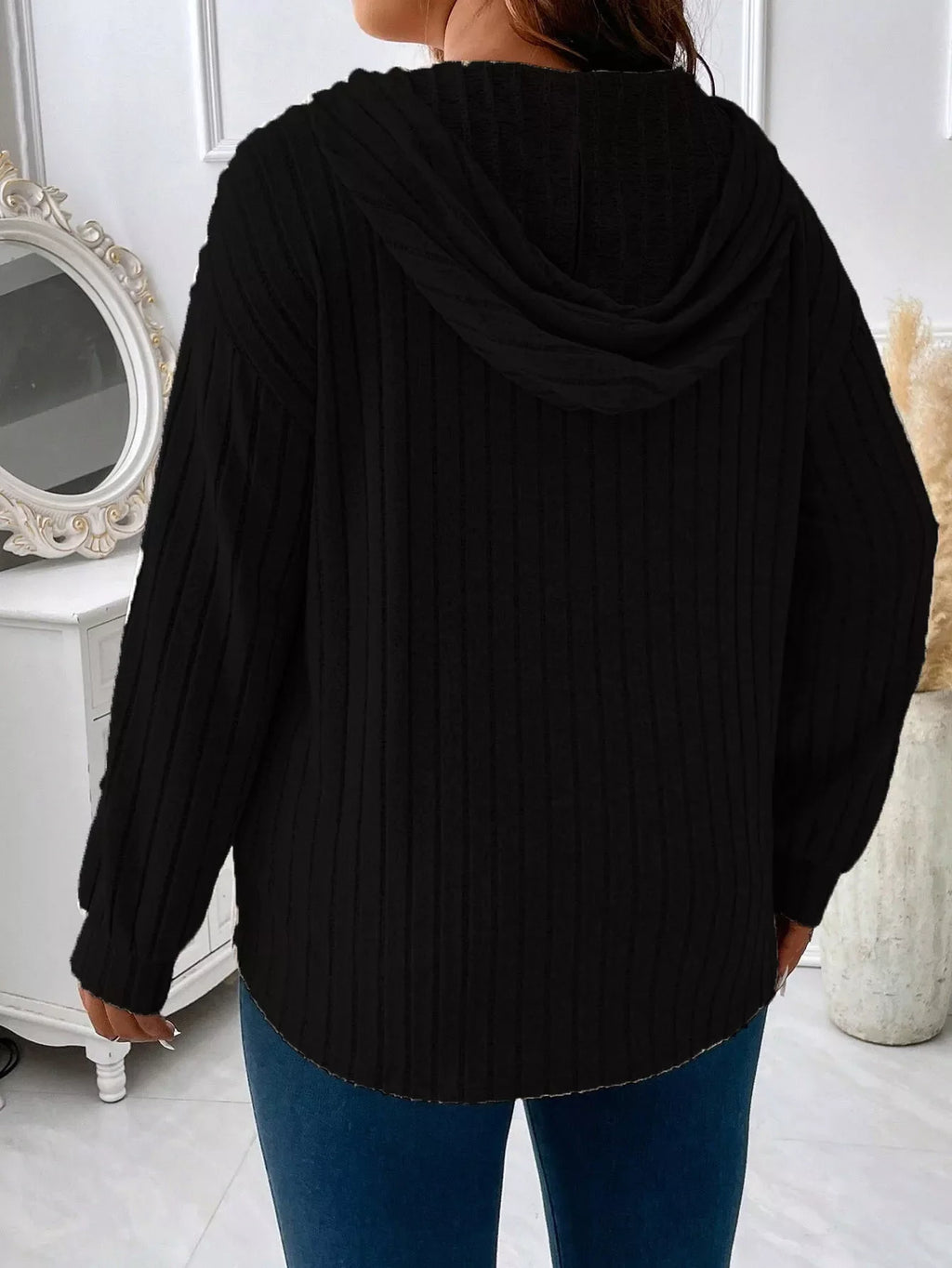 Ribbed Knit Drawstring Hooded T-Shirt