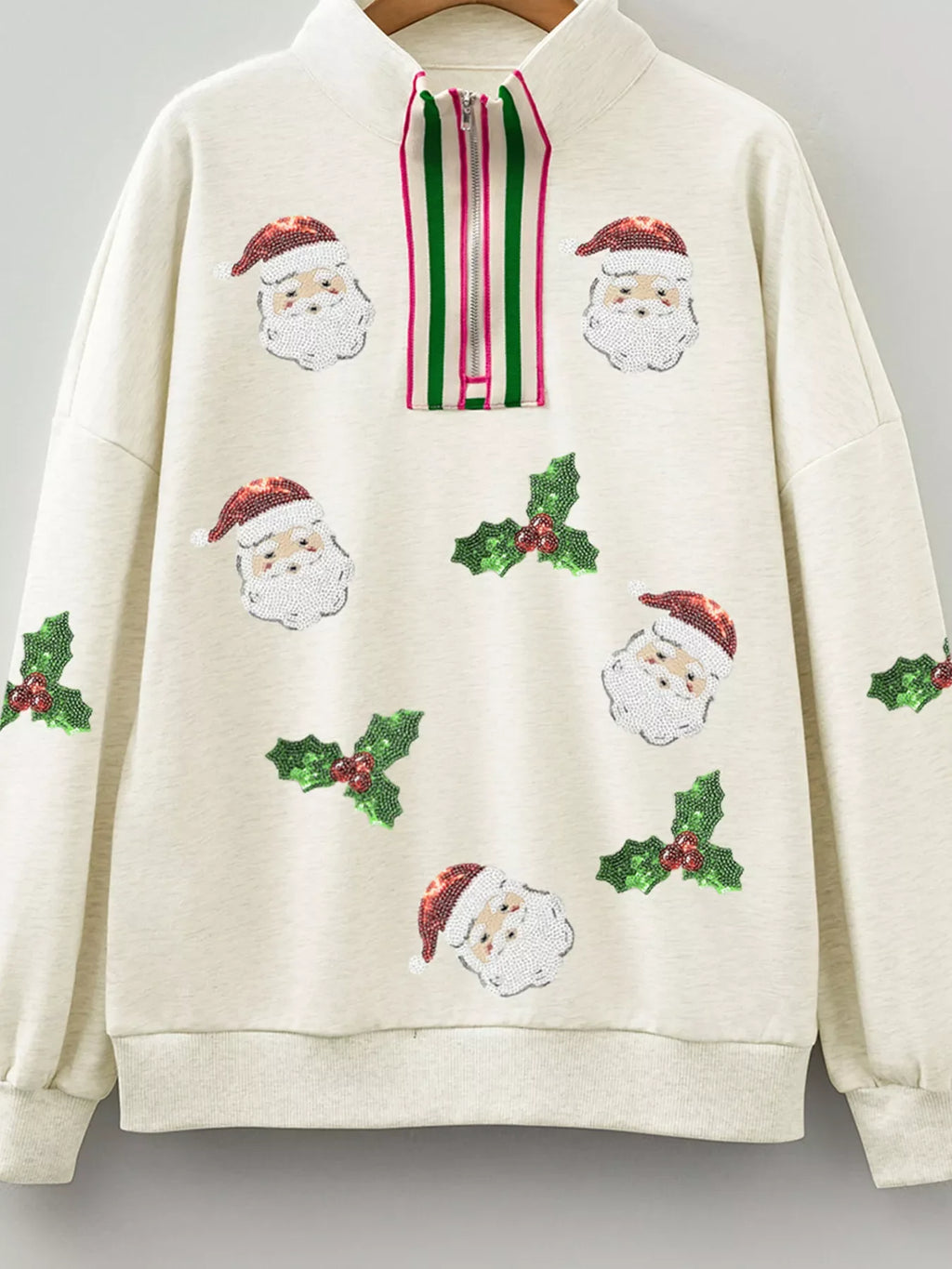 Sequin Santa Christmas Holly Patched Striped Trim Zip V Neck Sweatshirt