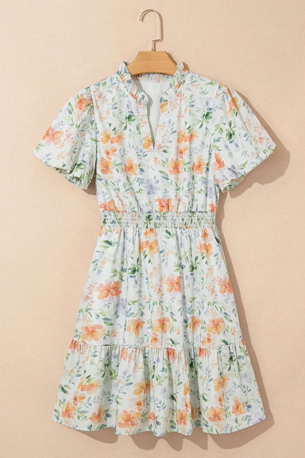 Frill Notched Puff Sleeve Dress