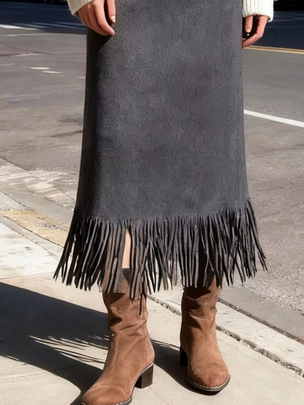Suede Fringe Midi Skirt