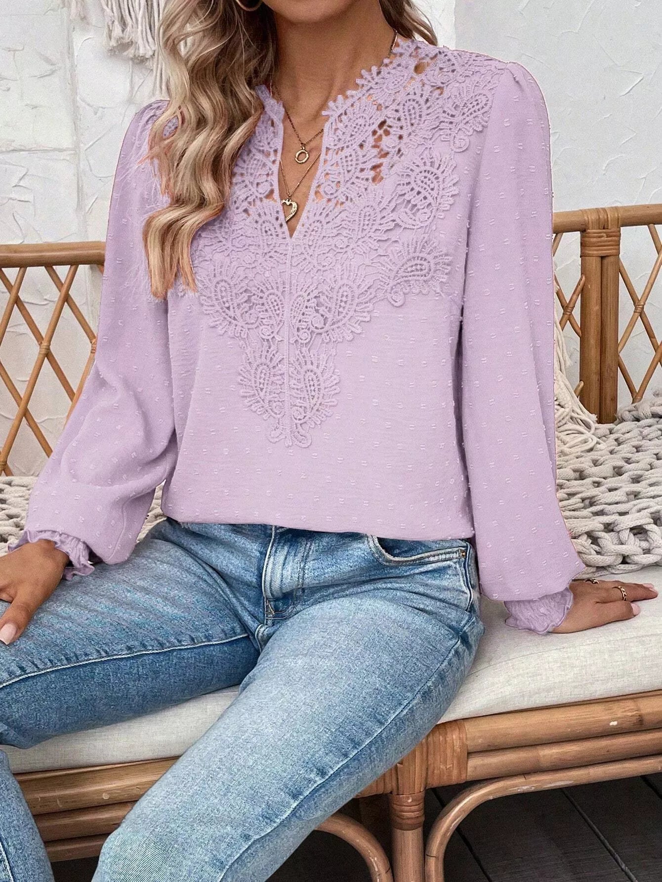 Lace Trim Long Sleeve Blouse