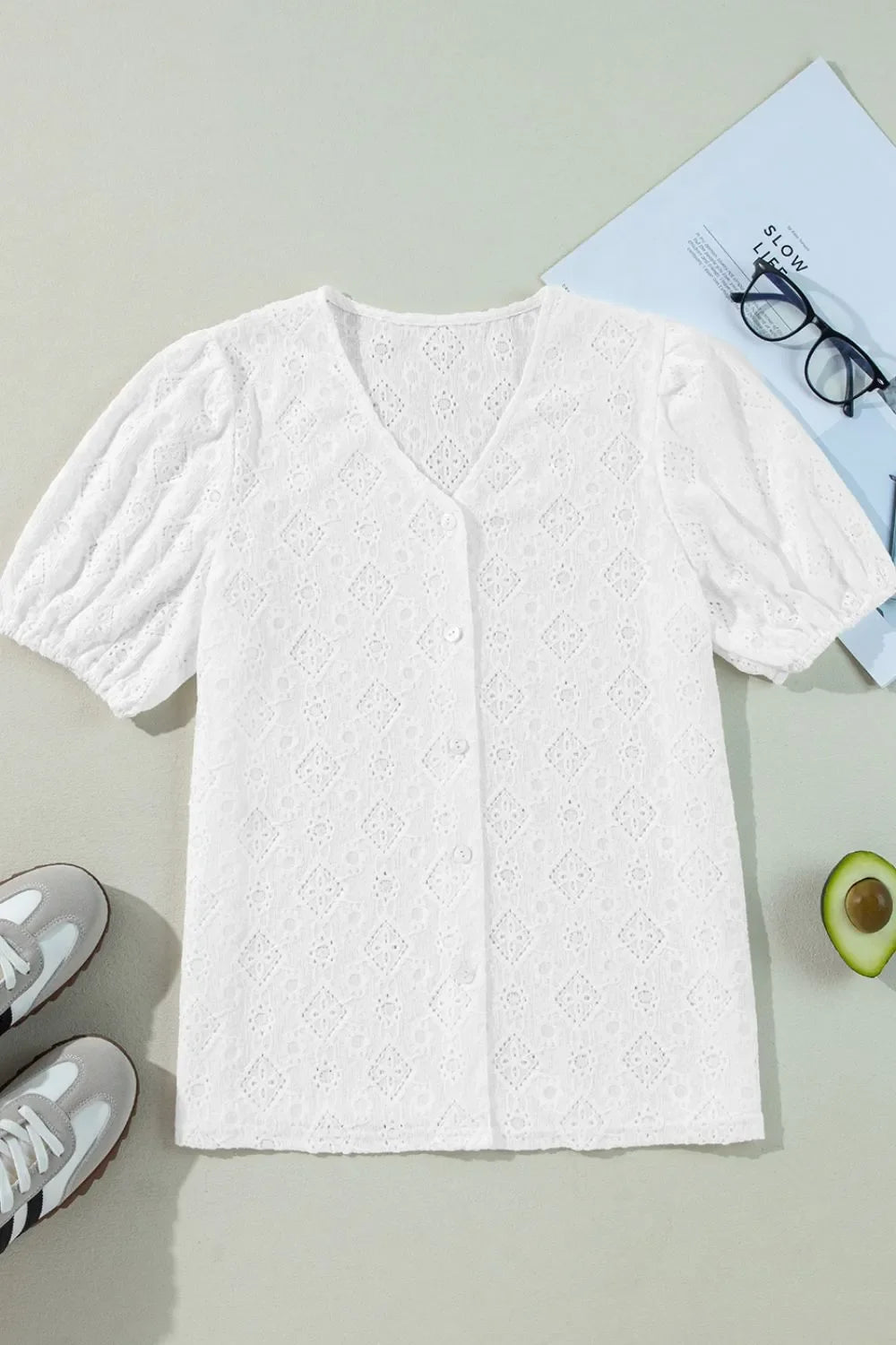 Lace Puff Sleeve V Neck Button Up Shirt