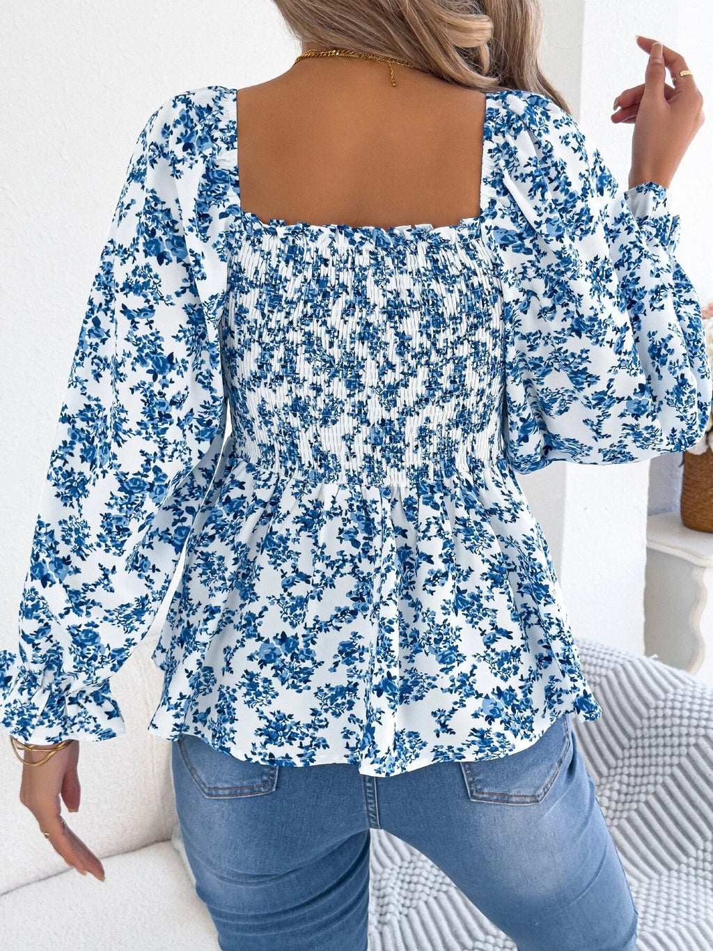Full Size Floral Print Smocked Long Sleeve Blouse Plus Size