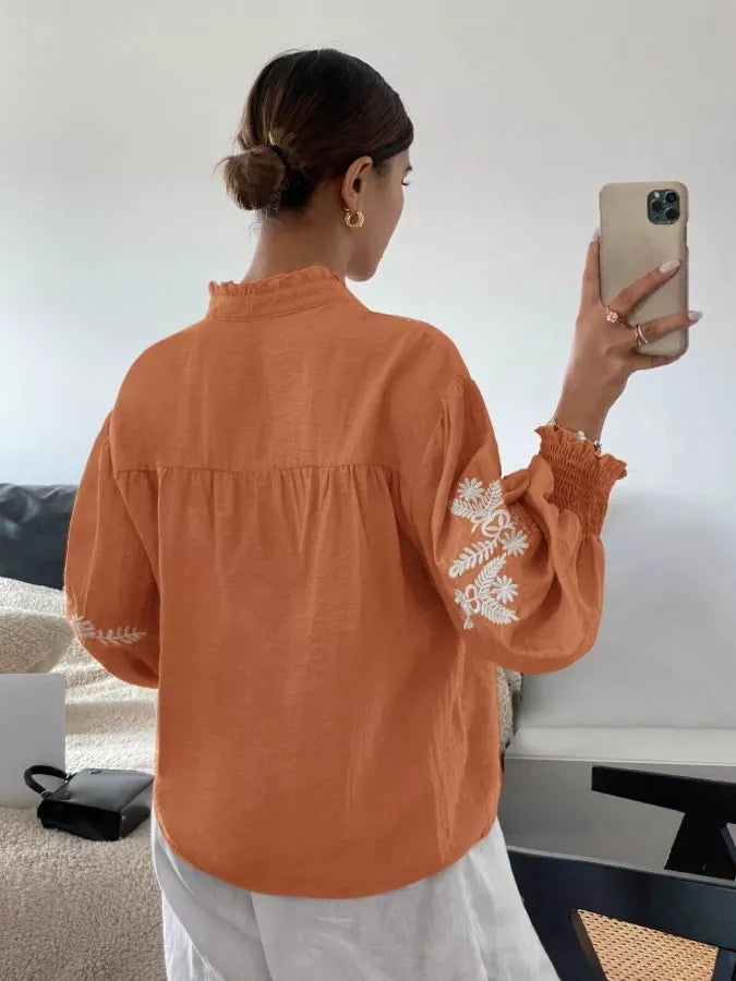 Embroidered Notched Long Sleeve Blouse