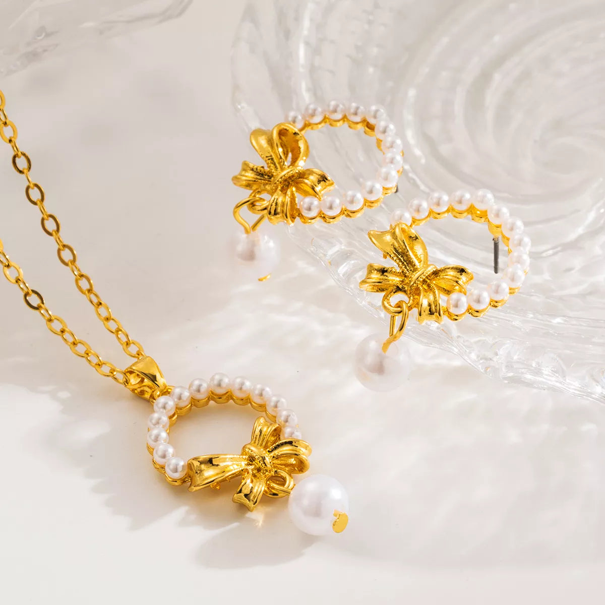 Bowknot Pearl Earrings and Pendant Necklace Jewelry Set