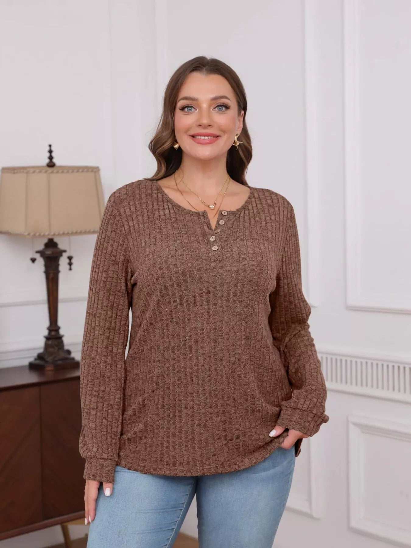 Ribbed Knit Button-Front Long Sleeve T-Shirt