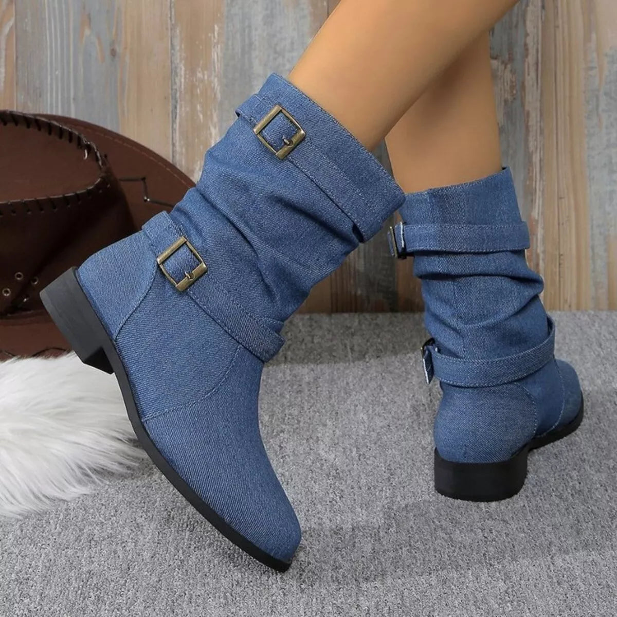 Buckle Accent Block Heel Boots