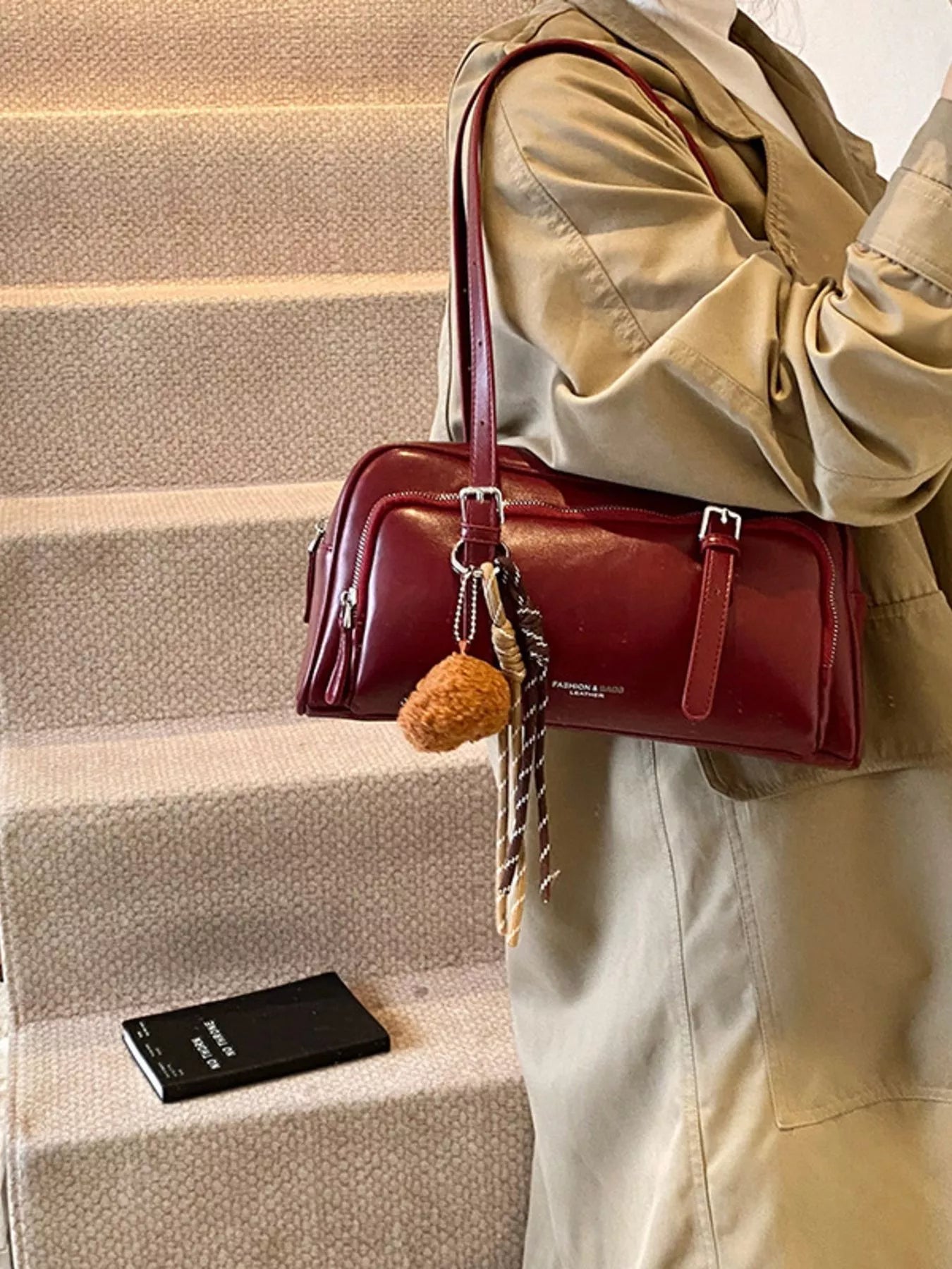 Vintage Style Leather Shoulder Bag with Charm