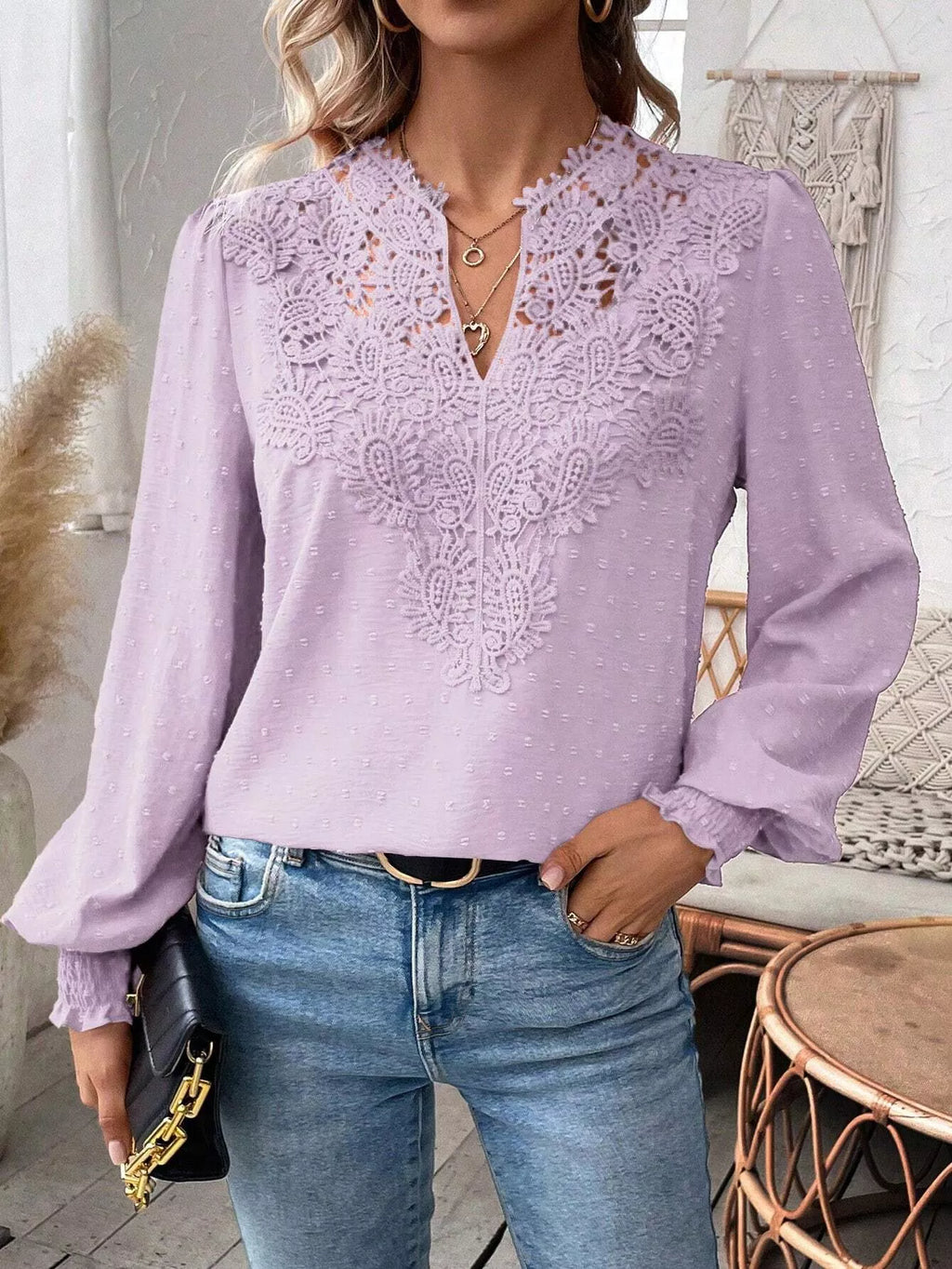 Lace Trim Long Sleeve Blouse