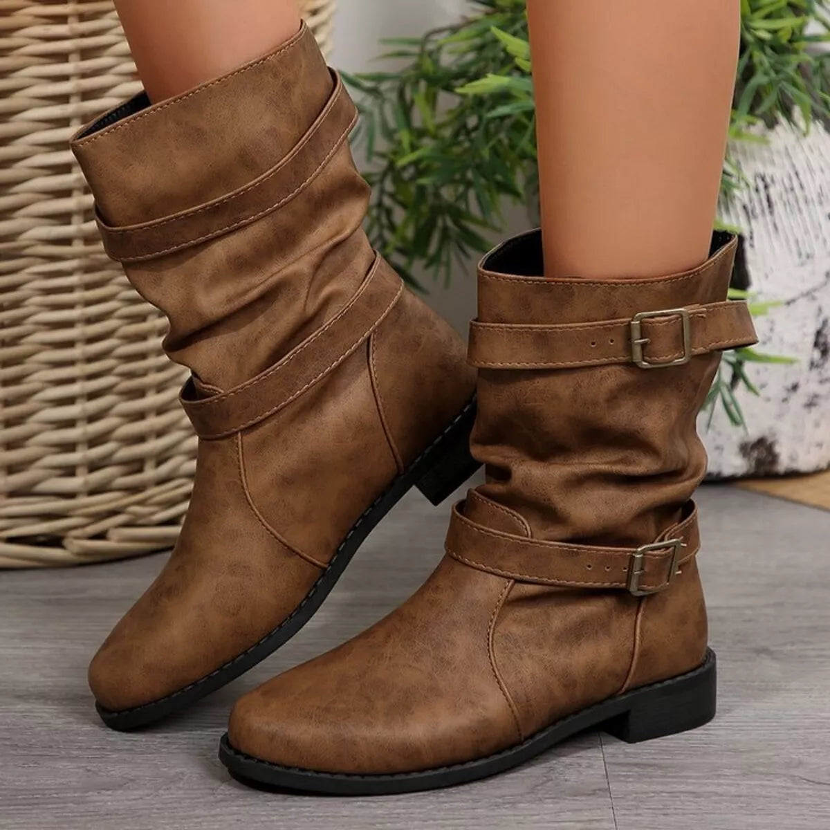 Buckled Low Heel Boots