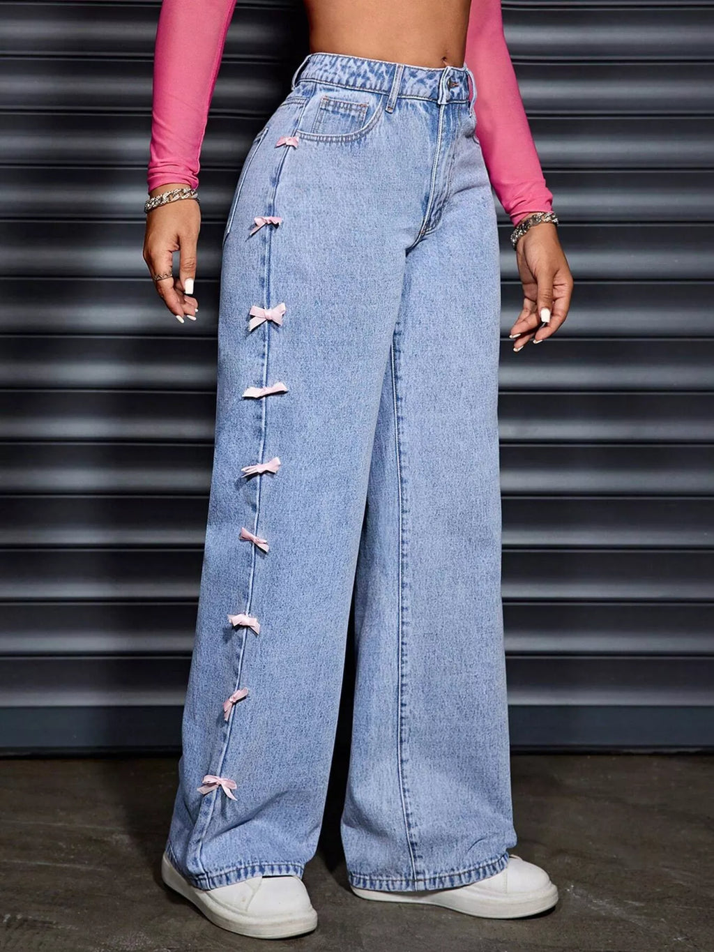 Wide Leg Jeans with Bow Decor