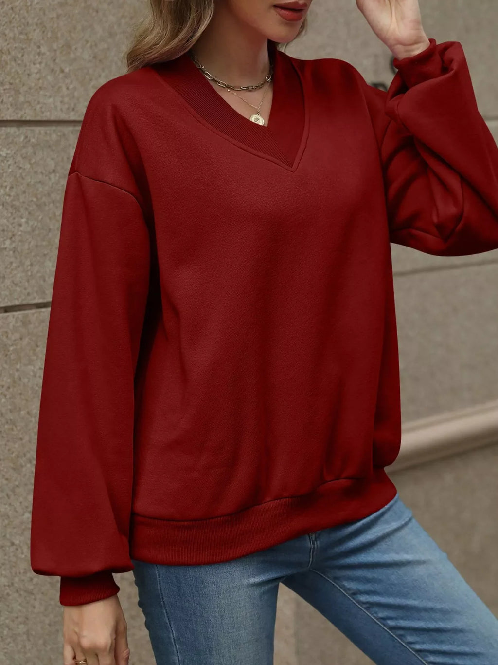 V-Neck Solid Color Casual Sweatshirt