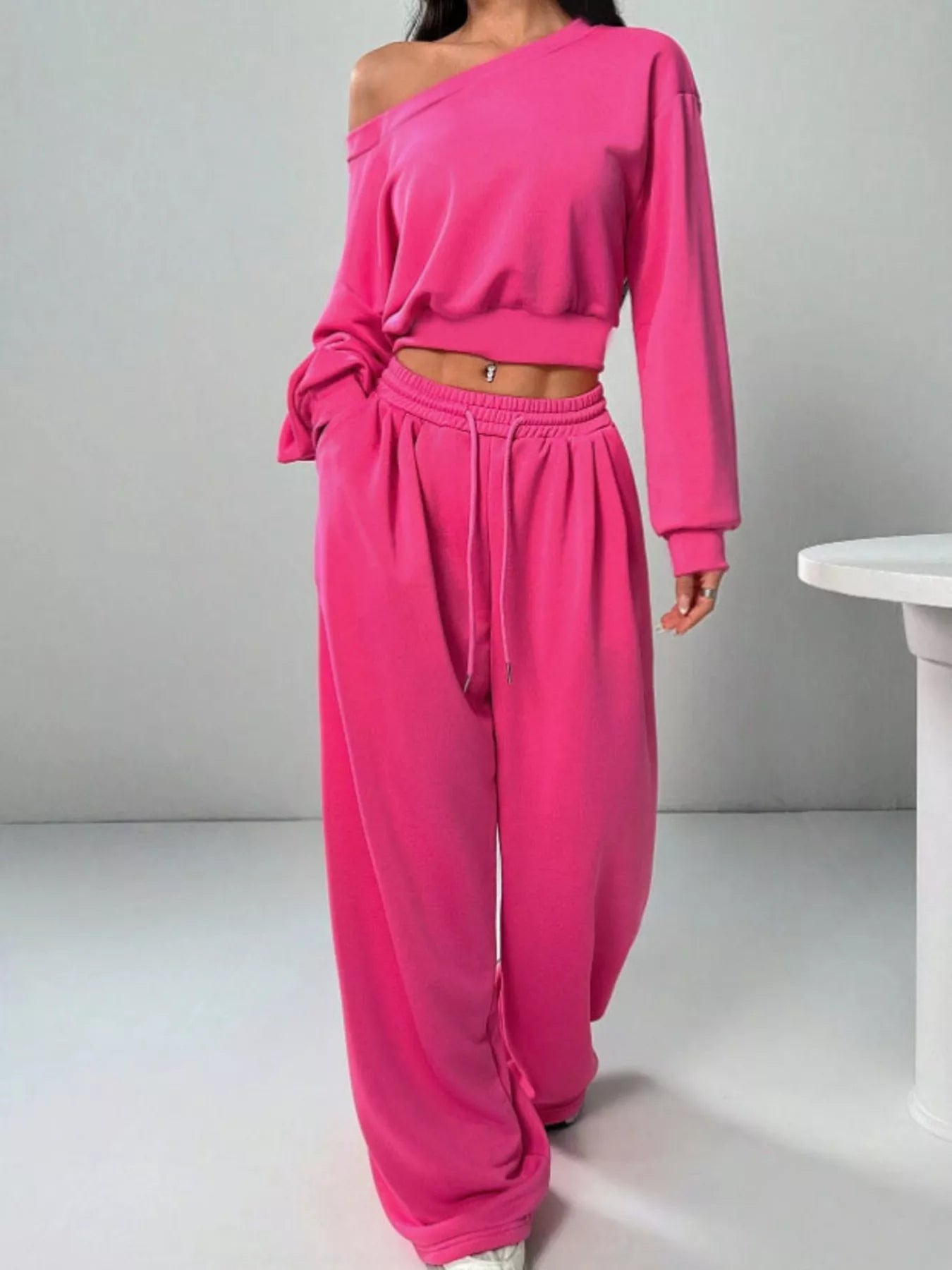 Boat Neck Long Sleeve Top and Pants Set