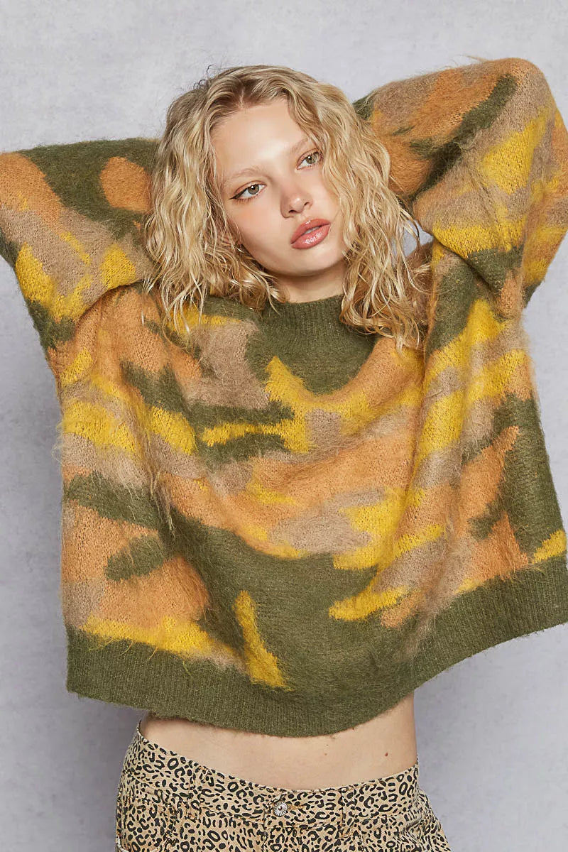 POL Mock Neck Abstract Colorblock Pattern Sweater