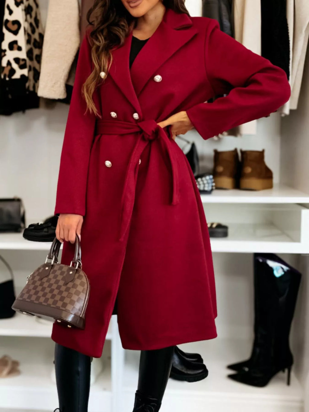 Double-Breasted Tie Waist Overcoat
