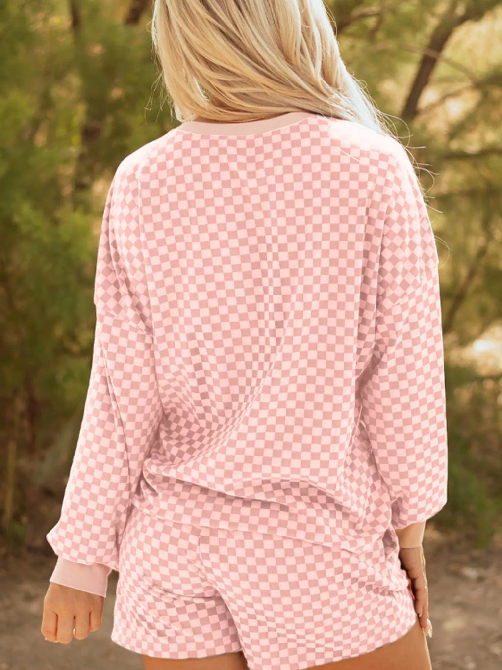 Checkerboard Long Sleeve Pullover and Shorts Set