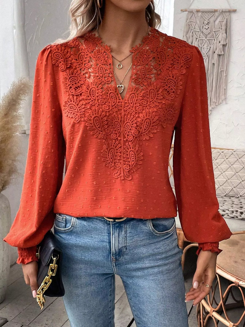 Lace Trim Long Sleeve Blouse