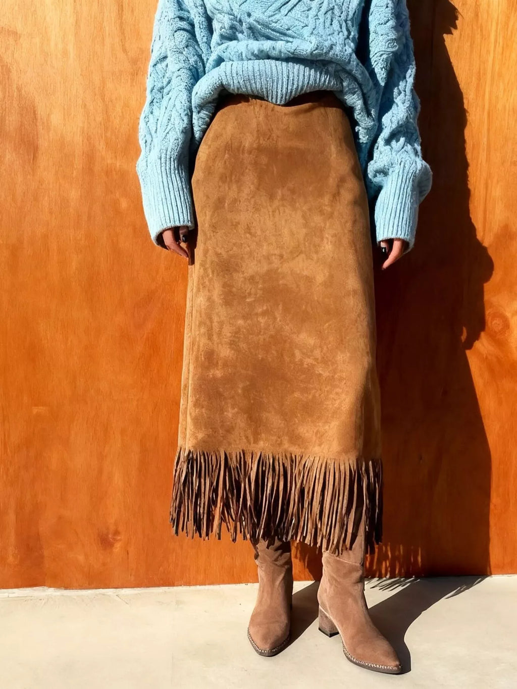 Suede Fringe Midi Skirt