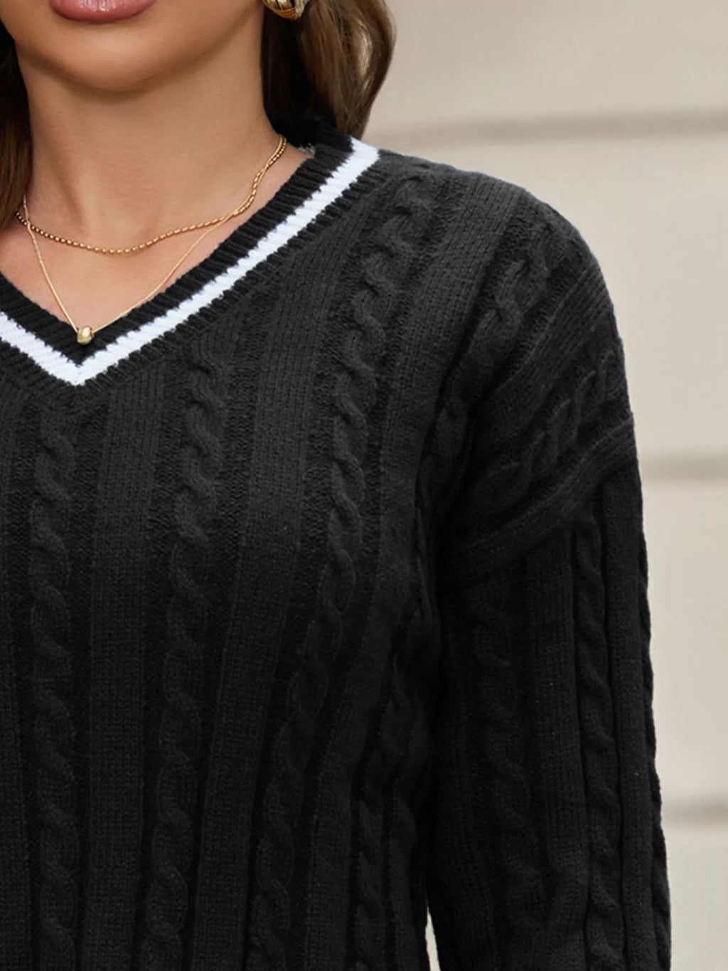 Classic Cable Knit V-Neck Sweater