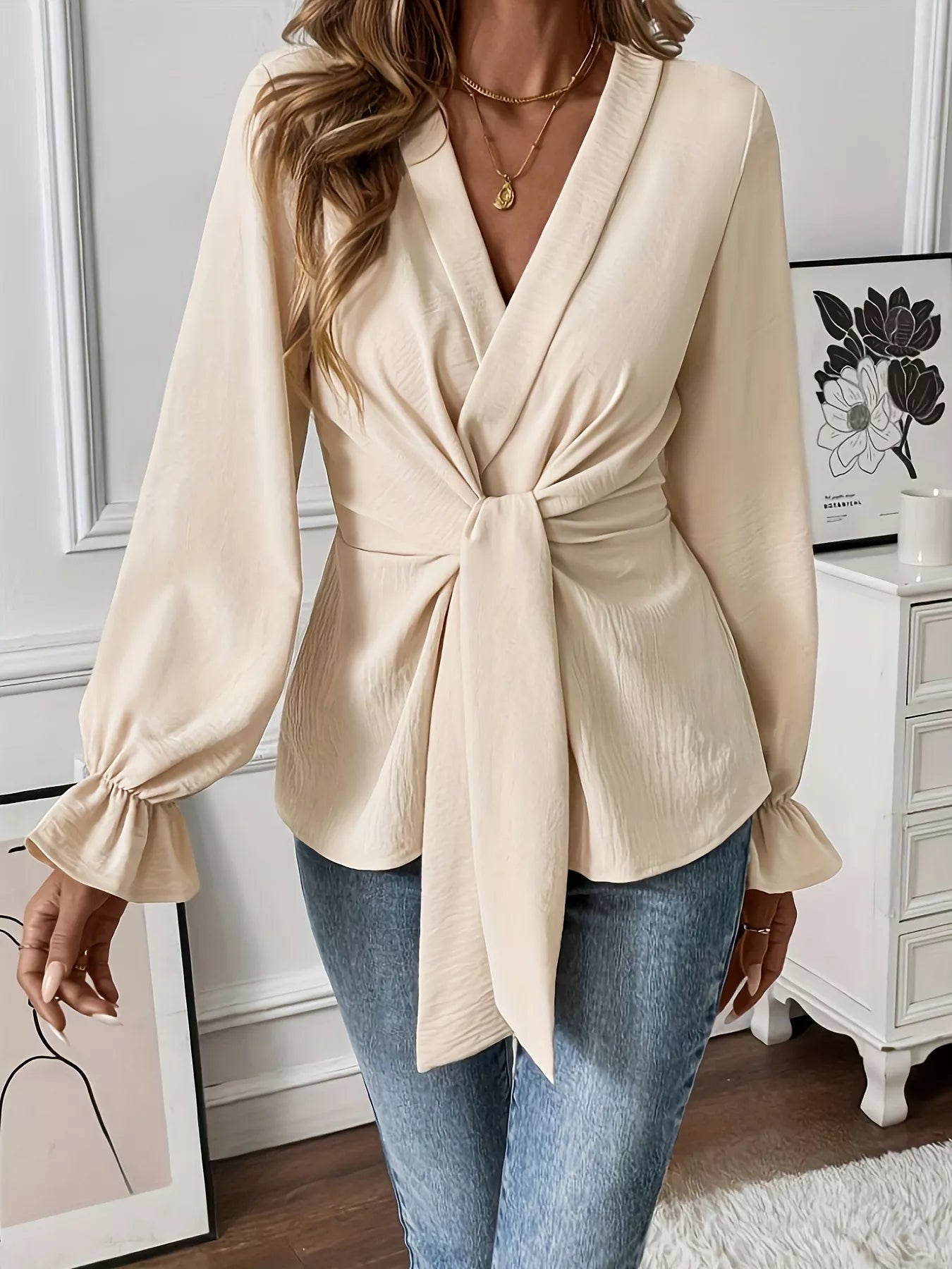 Knot Front Flounce Sleeve Blouse