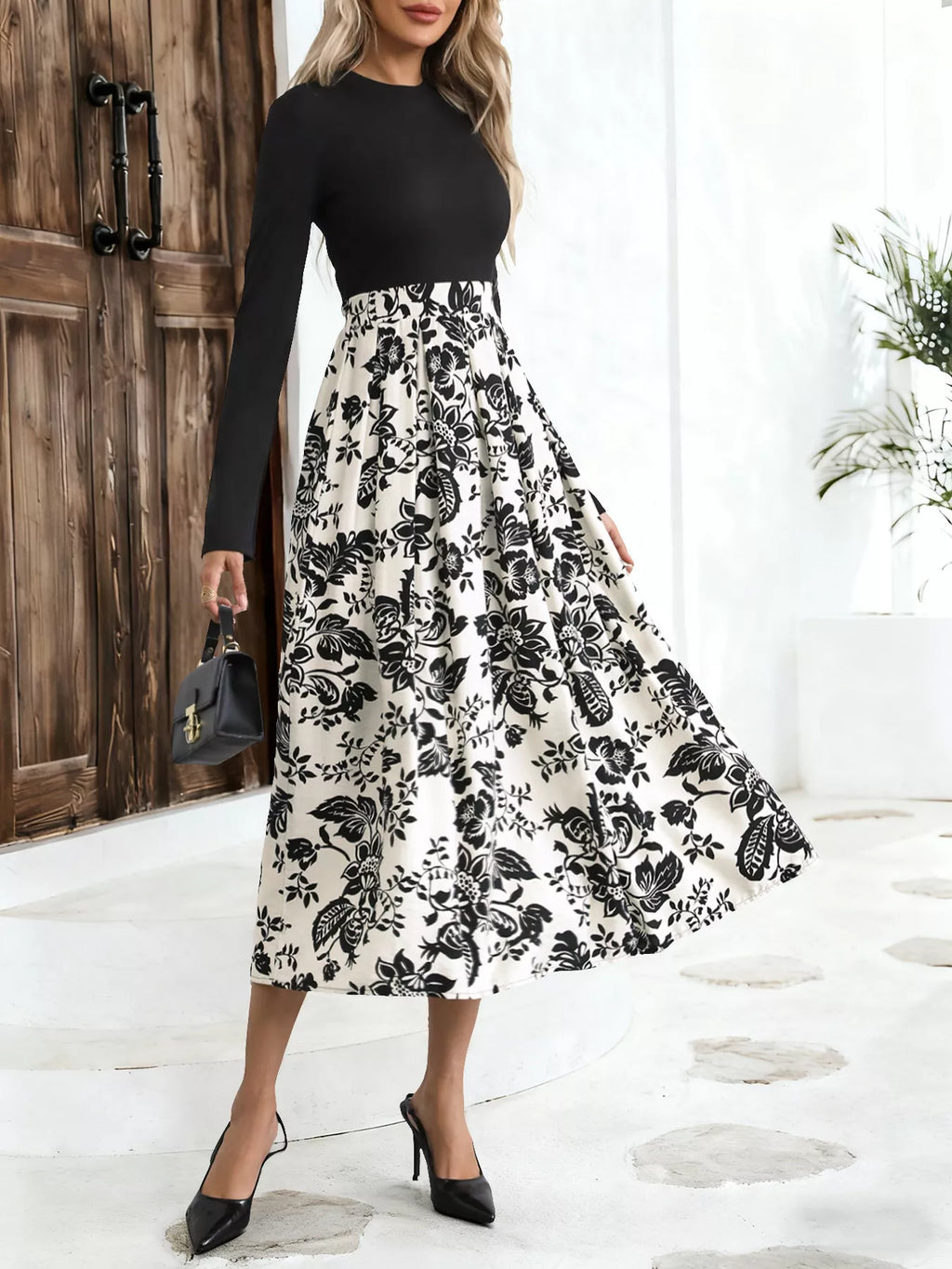 Printed Long Sleeve Midi Dress