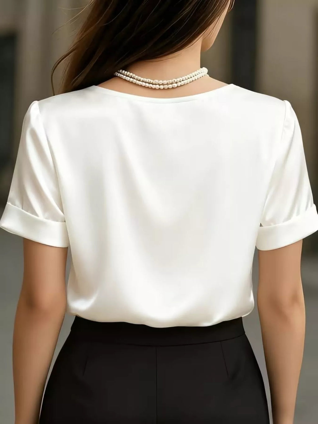 V-Neck Short Sleeve Satin Blouse