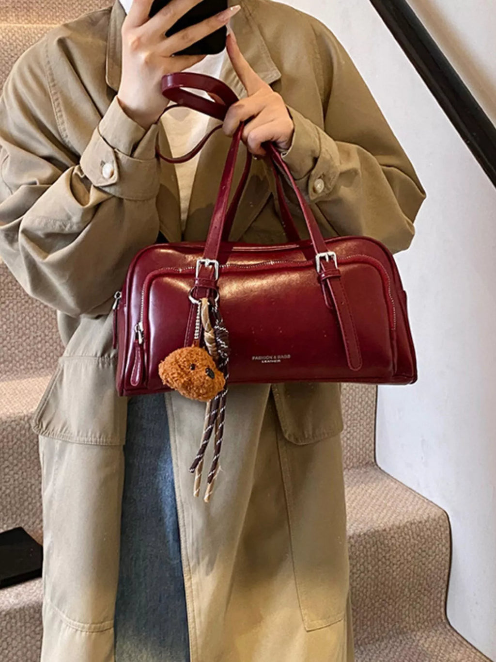 Vintage Style Leather Shoulder Bag with Charm