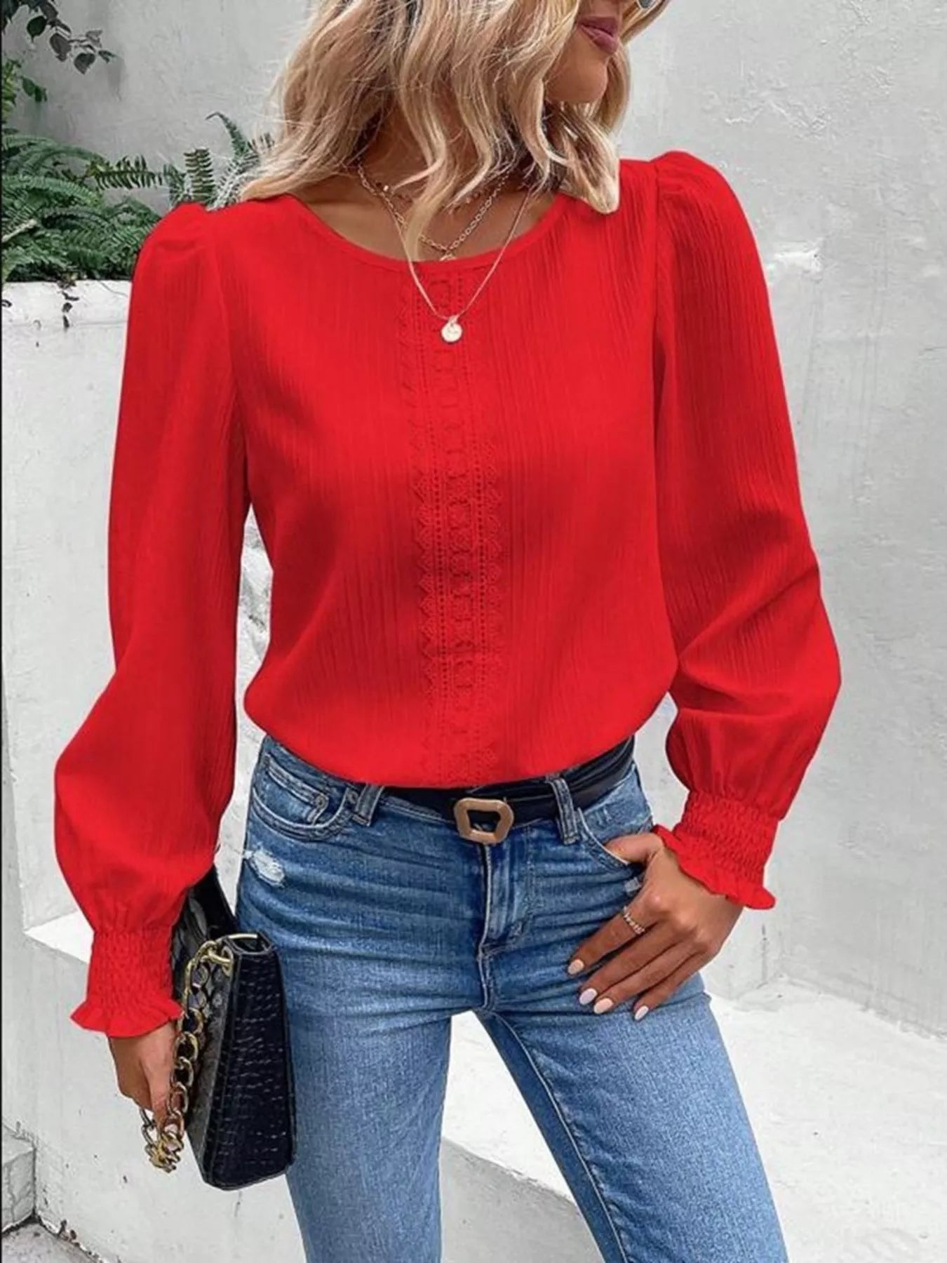 Lace Trim Long Sleeve Blouse