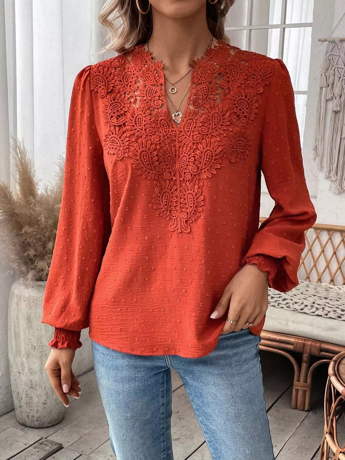 Lace Trim Long Sleeve Blouse