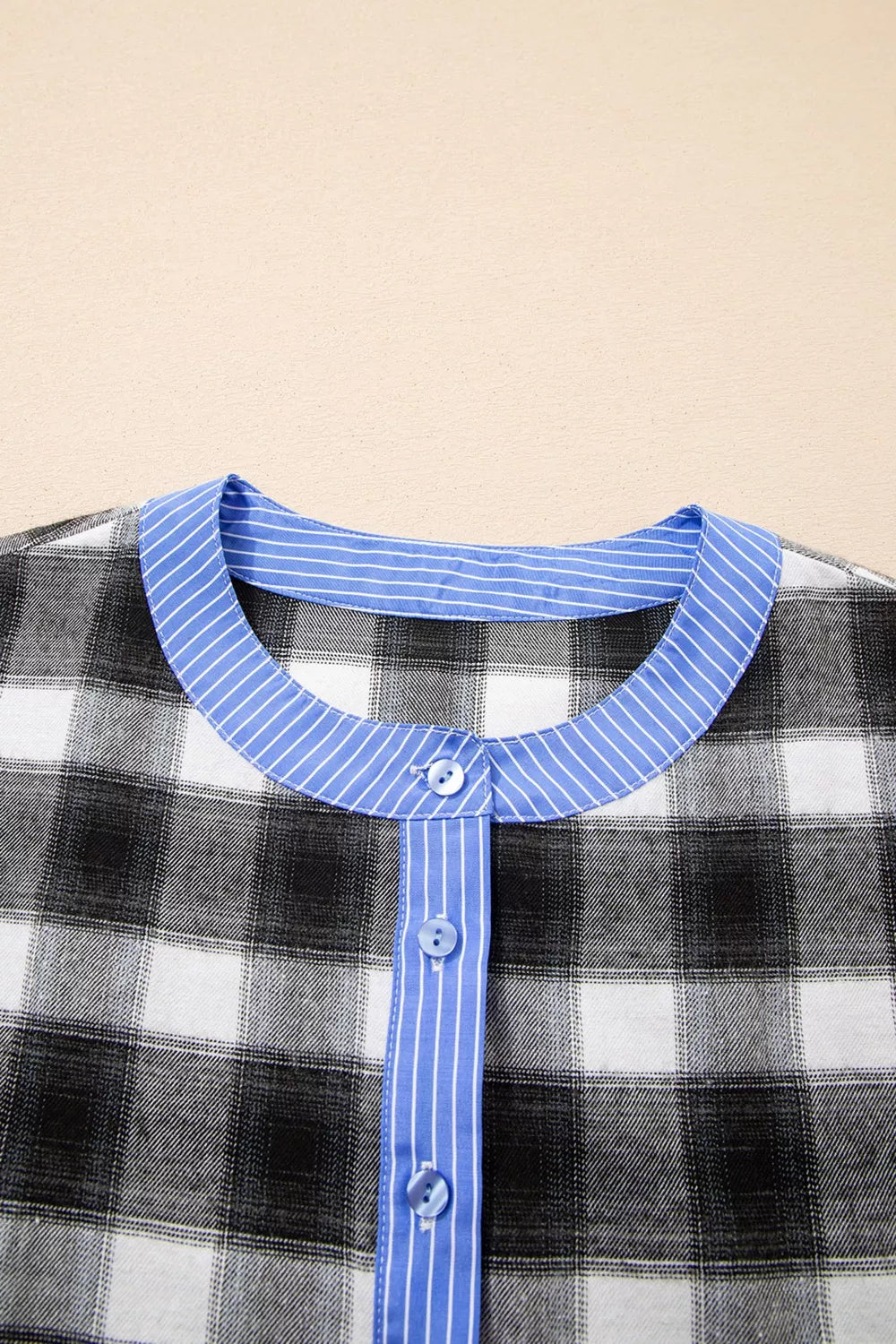 Contrast Striped Edge Half Placket Plaid Blouse