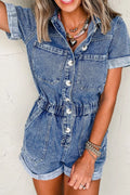 Chest Pocket Front Buttoned Folded Edge Denim Short Sleeve Romper