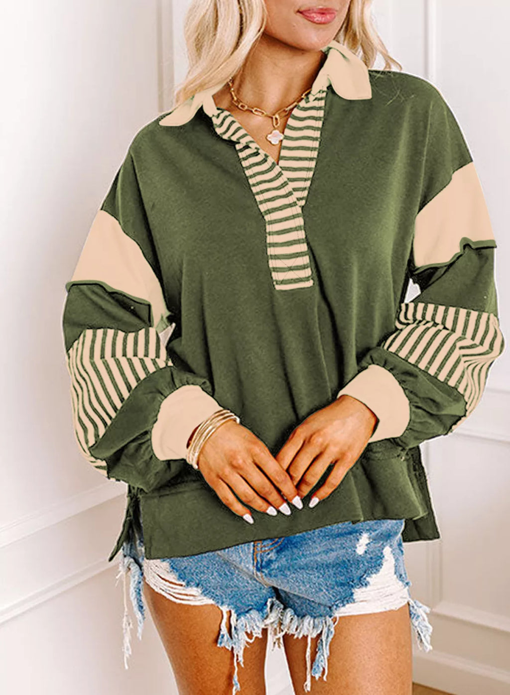 Color Block Striped Johnny Collar Sweatshirt
