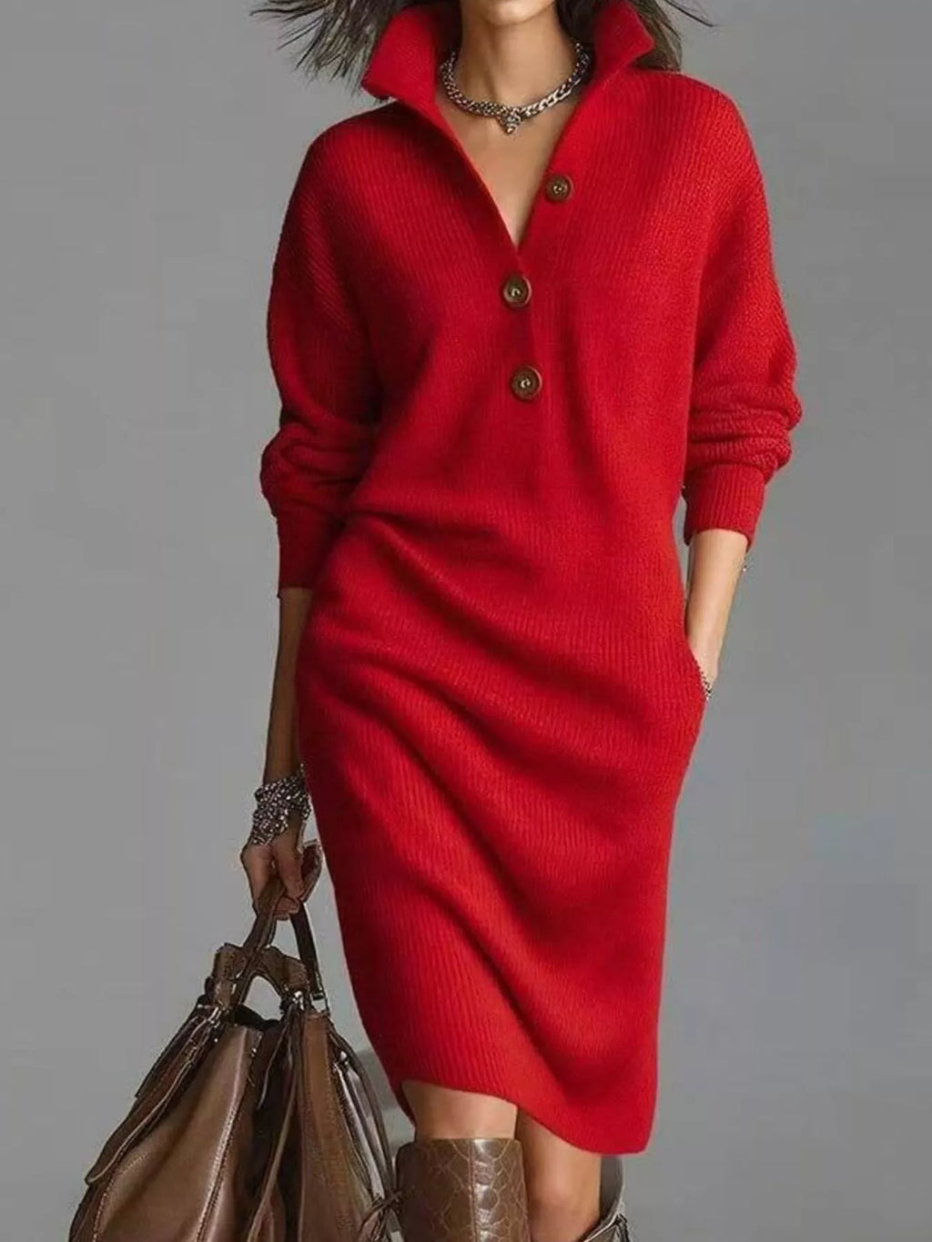 Full Size Button-Front Ribbed Knit Sweater Dress Plus Size