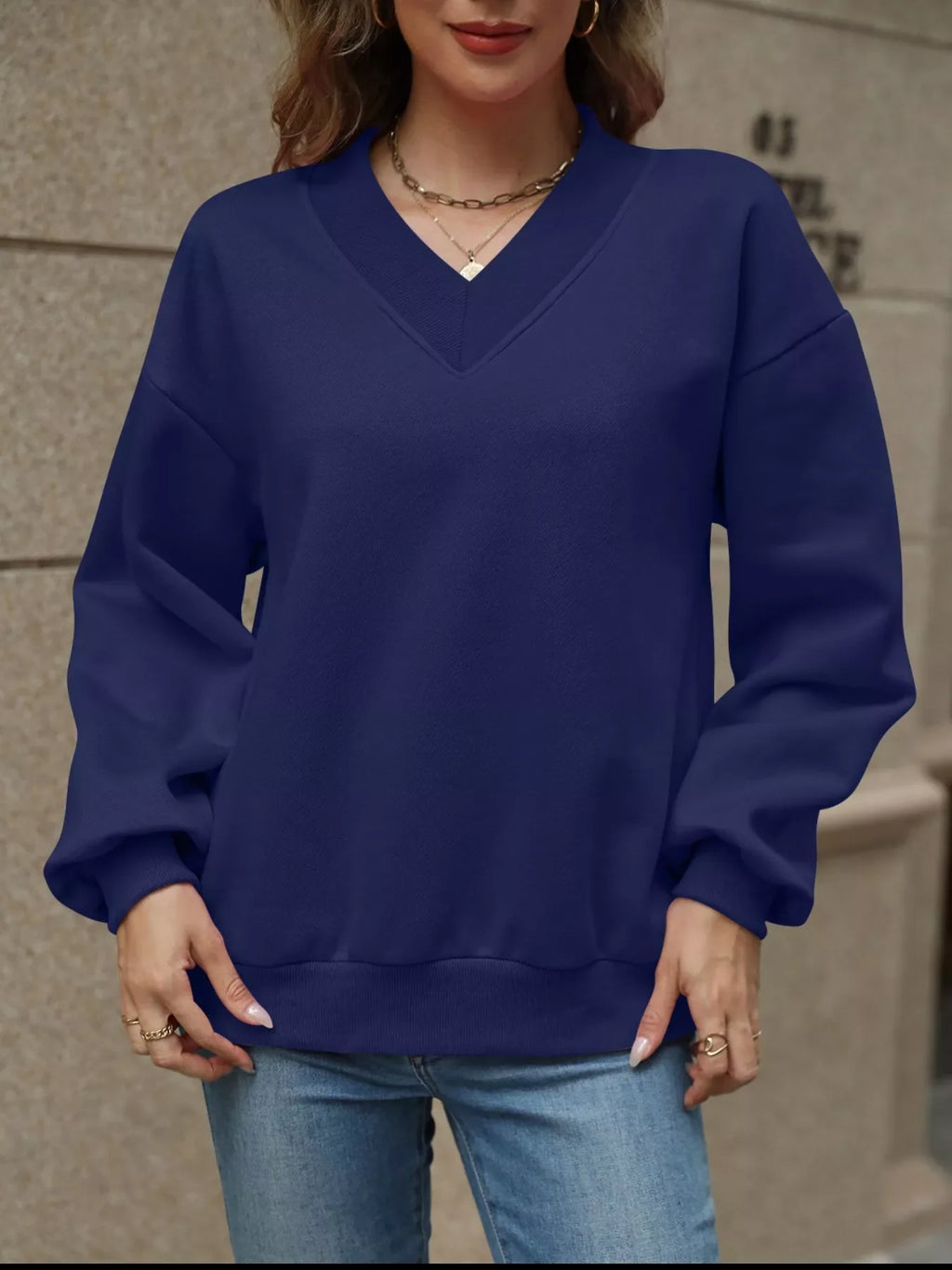 V-Neck Solid Color Casual Sweatshirt