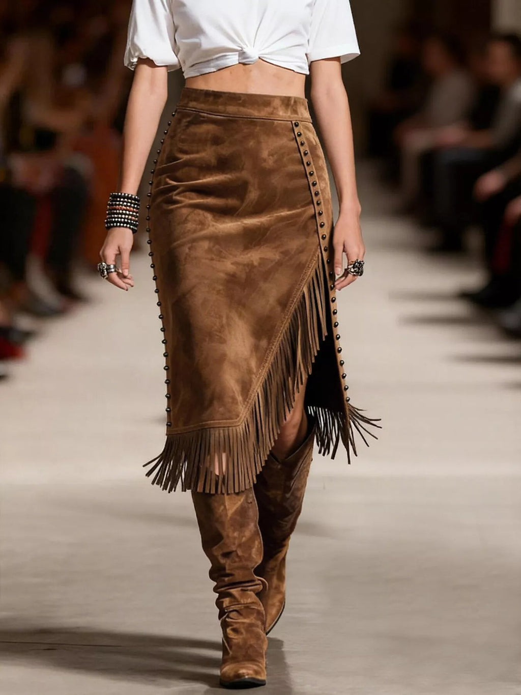Studded Suede Fringe Midi Skirt