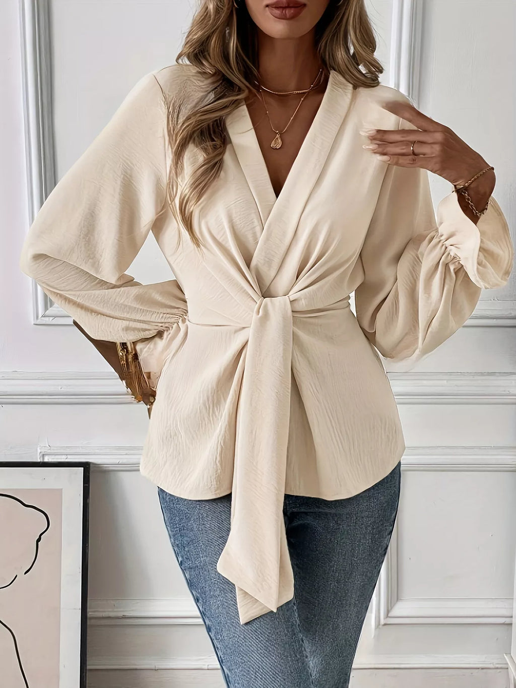Knot Front Flounce Sleeve Blouse
