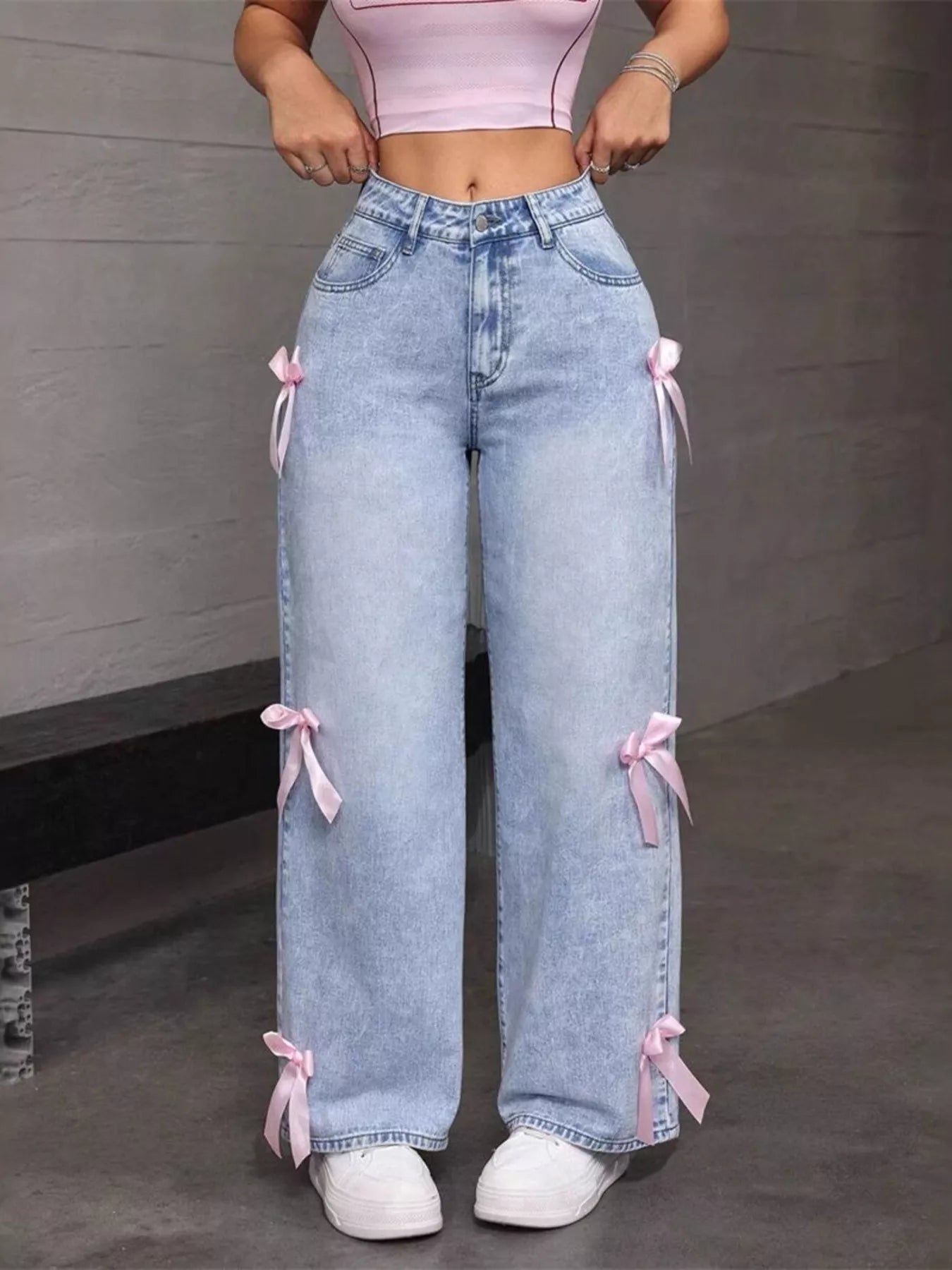 Bow Accent Wide Leg Jeans
