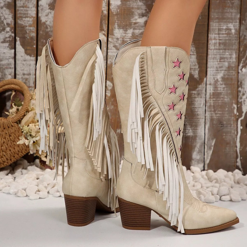 Star Fringe Block Heel Boots