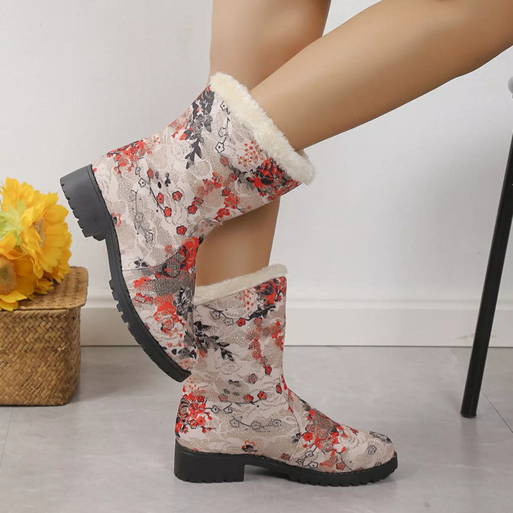 Floral Print Warm Lined Ankle Boots