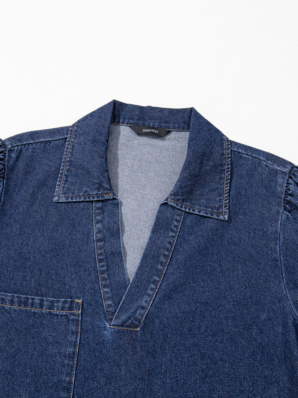 V Neck Collared Single Chest Pocket Long Sleeve Denim Dress