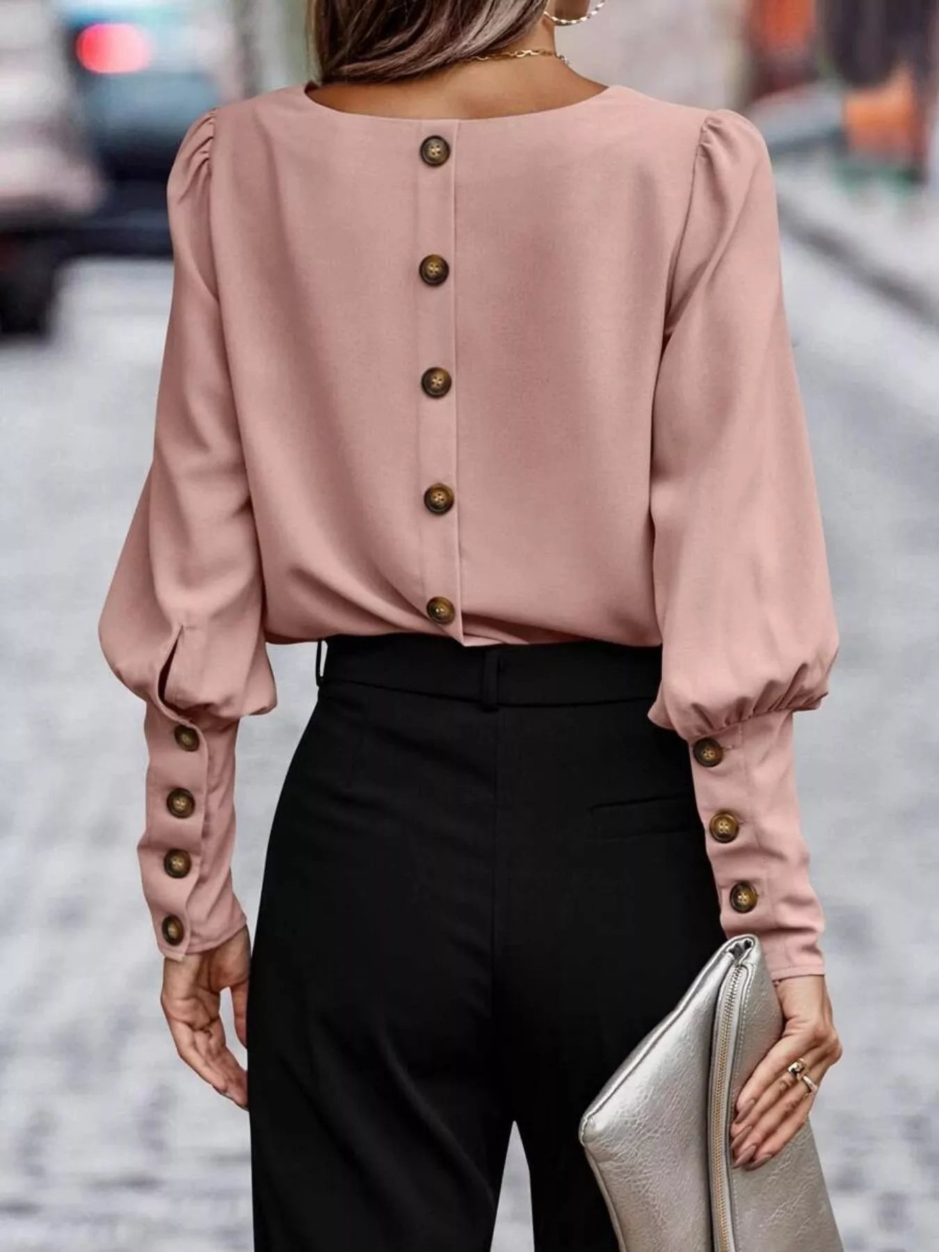 Back Button Lantern Sleeve Blouse