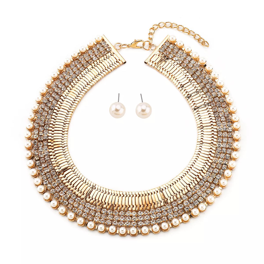 18K Gold-Plated Pearl Earrings and Necklace Jewelry Set